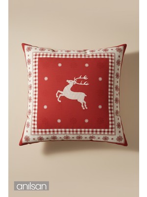 Anılsan 2Adet Geyik Desenli Çift Taraflı Kırlent Kılıfı - 45x45 cm Yılbaşı Dekoratif
