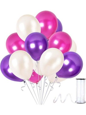 Empressco Mor, Beyaz ve Fuşya Renklerde 30 Adet Metalik Sedefli Balon Seti
