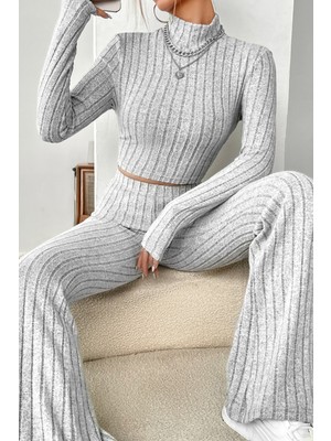 Flamex Kadın Gri Çizgili Boğazlı Crop Top ve Yüksek Bel Pantolon Takım