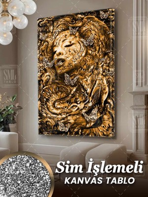 SML Tablo Sim Işlemeli Ağzı Açık Gözleri Kapalı Altın Pırıltılı Kadın Kelebekler Simli Dikey Kanvas Tablo