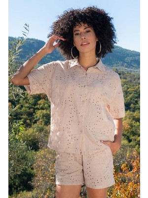 Marsilyan Kordone Nakışlı Kısa Kol Gömlek Kadın 410065