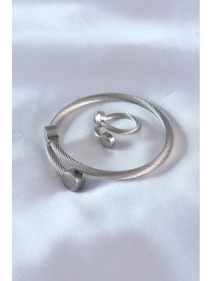 Eco Port Çelik Gümüş Renk Sıkı Burgu Model Erkek Bileklik Yüzük Seti