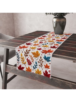 Alkan Homes Punch Işlemeli Görünümlü Sonbahar Yaprak Desen Leke Tutmaz Kumaş Kenarları Dikişli Dekoratif Masa Örtüsü Runner 45×100 cm