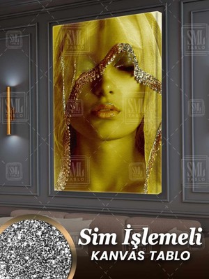 SML Tablo Simli Altın Eşarplı Kadın Pırıltılı Model Sim Işlemeli Dikey Kanvas Tablo