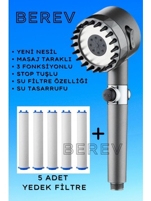 Teknotrust Su Tasarruflu, Çok Fonksiyonlu Turbo Jet Duş Başlığı, Siyah, 5 Adet Filtre