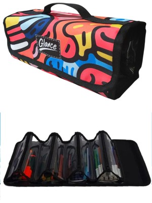 Arttone 4 Bölümlü Renkli Desen Kalem Çantası Kulplu