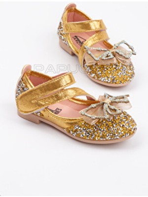 Papuccum Şık Ortamlar İçin Kız Çocuk Altın Taşlı Fiyonklu Babet Tekstil Malzemeden Üretilmiştir