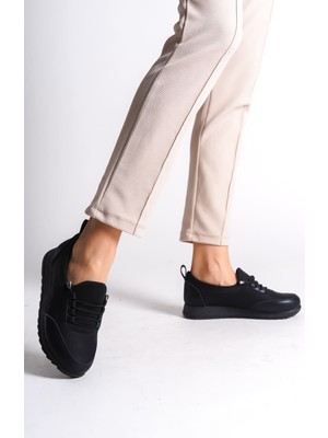 Vıolet Bağcıklı Lastikli Ortopedik Rahat Taban Cilt Detaylı Klasik Kadın Babet Anne Ayakkabısı Cst - Siyah