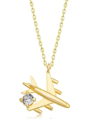 Gumush Hk Gümüş Kadın Kolye Gold Tek Taşlı Uçak |gümüş Takı Hediyelik Ürünler