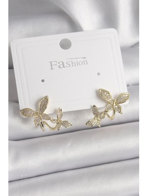 Eco Port Pirinç Gold Renk Zirkon Taşlı Kelebek Model Kadın Küpe