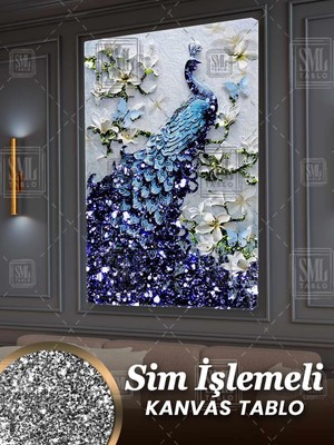 SML Tablo Simli Zarif Mavi Tavus Kuşu ve Beyaz Pırıltılı Çiçekler Sim Işlemeli Dikey Kanvas Tablo