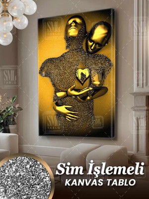 SML Tablo Simli Gold Pırıltılı Zincir Birbirine Sarılan Metal Aşıklar Love Sim Işlemeli Dikey Kanvas Tablo