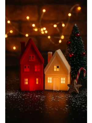 Empressco Kış Temalı 2'li Set Kırmızı Beyaz Noel Evleri ve Mumluk Dekorasyonu