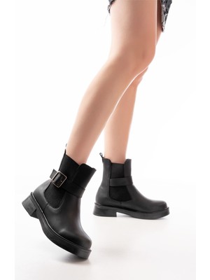 Zerenyus ZRİN02-2004 Premium Siyah Toka Aksesuarlı Lastikli Günlük Kadın Bot