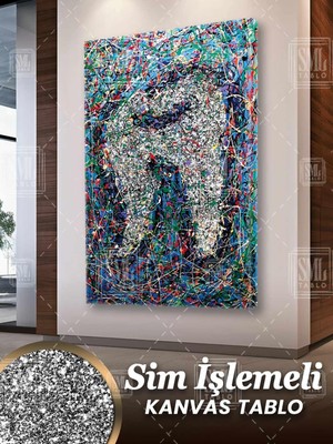 SML Tablo Sim Işlemeli Diş Art Dekorasyon Diş Polikliniği Dekoratif Simli Dikey Kanvas Tablo