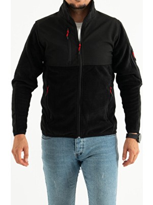 Souris Erkek Siyah Dar Kalıp Anti-Pilling Tüylenme Yapmayan Tam Fermuar Softshell Garnili Polar Sweatshirt