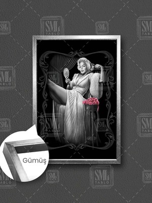 SML Tablo Ayna Tutan Marilyn Monroe Pembe Güller Sexy Kadın Çerçeveli Dikey Kanvas Tablo