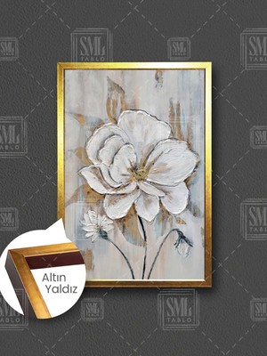 SML Tablo Beyaz Çiçek Gold Detaylı Dekor Papatya Çerçeveli Dikey Kanvas Tablo