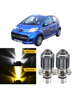 Caralp Peugeot 107 2007-2013 Uyumlu Mercekli Far Ampulü LED Xenon Çift Renk Sarı-Beyaz Far Şimşek Etkili Csp LED Lamba Uzun Kısa 2 Adet Takım