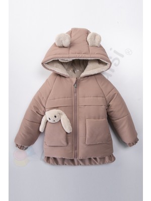 Yeni Tavşanlı Fermuarlı Içi Peluş Kürklü Kalın Kapüşonlu Kar Şişme Kışlık Kız Bebek Mont Çocuk Kaban