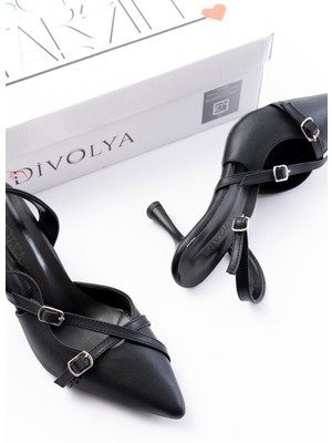 Divolya Pony Siyah ( 8 cm Topuklu ) Sivri Burun Kapalı Tokalı Arkası Açık Stiletto Ayakkabı