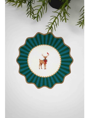 Decofav Oval Dekoratif Yeşil Nakış Kenarlı Geyik Desenli Kokteyl Peçetesi 1 Adet