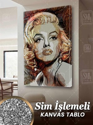 SML Tablo Sim Işlemeli Marilyn Monroe Güzellik Art Dekor Woman Simli Dikey Kanvas Tablo