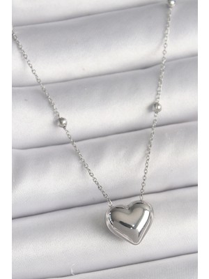 Eco Port 316L Çelik Gümüş Renk Topçuk Detay Zincir Kalp Model Kadın Kolye