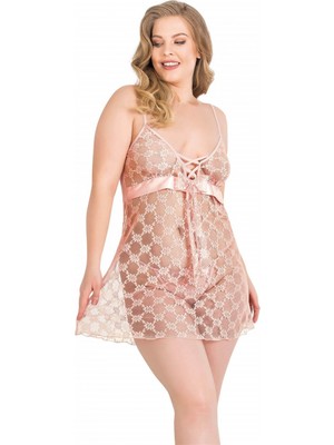 Marsilyan Büyük Beden Somon Kısa Tül Gecelik