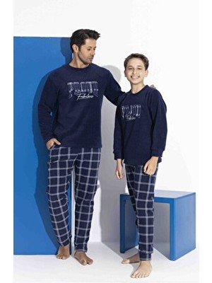 Aygebu Tarık Erkek Lacivert Ekose Uzun Kollu Baba-Oğul Polar Kumaş Kışlık Sıcak Tutan Pijama Takımı