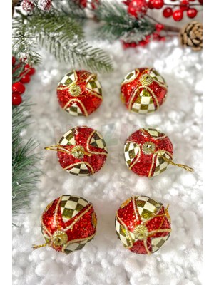 Empressco 6 Adet Renkli Küçük Çiçek Detaylı Süs Toplar, 5 Cm, Yılbaşı ve Çam Ağacı Dekoru