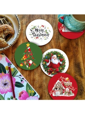 Shelife Yılbaşı Serisi Yeni Yıl Dijital Baskılı 4'lü Ahşap Bardak Altlığı Model 002