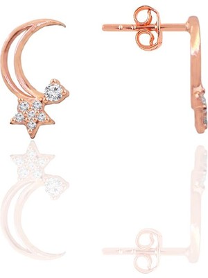 Söğütlü Silver Gümüş Rose Zirkon Taşlı Hilal Yıldızı Kadın Küpe SGTL12656ROSE