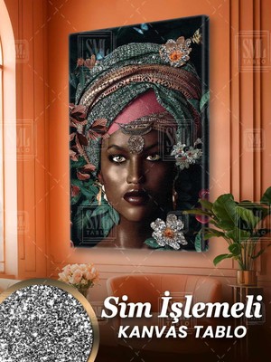 SML Tablo Sim Işlemeli Renkli Çiçekli Etnik Eşarplı Afrikalı Kadın Pırıltılı Simli Dikey Kanvas Tablo