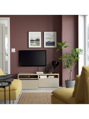 Hobiurun Tv sehpası, ağartılmış meşe görünümlü-parlak cila-bej, 120x42x39 cm, SELSVIKEN, çıt çıt raylı
