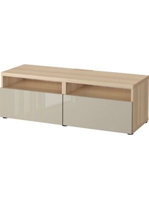 Hobiurun Tv sehpası, ağartılmış meşe görünümlü-parlak cila-bej, 120x42x39 cm, SELSVIKEN, çıt çıt raylı