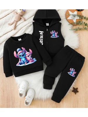 Punix Kids Punıx Kıds Özel Üretim Stitch Kar Tatili Baskılı %100 Pamuk Kışlık Kız Çocuk Yelekli 3 Lü Eşofman Takımı