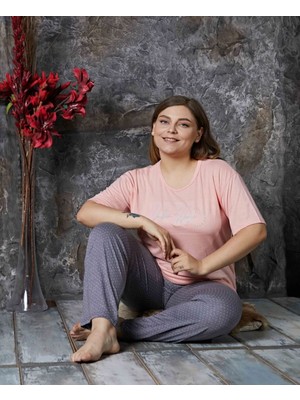 Meri Kadın Gri Pembe Kısa Kol Yuvarlak Yaka Büyük Beden Battal Bambu Pijama Takımı