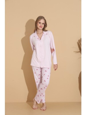 Meri Kadın Pembe Gömlek Yaka Düğmeli Milan Kumaş Uzun Kol Pijama Takımı