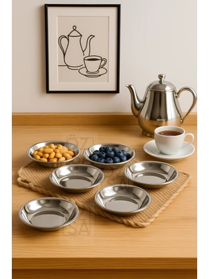 ÖzSa Home 6'lı Çerezlik ve Kahvaltılık Tabak Dekoratif Sunum Tepsi Paslanmaz Çelik 12 cm Reçellik