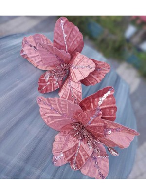 Empressco Pembe Kadife Pullu Yılbaşı Ağaç Çiçeği, 2'li, Yapay Çiçek, Noel Süsü, Çok Renkli