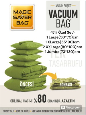 Teknotrust Yeşil Vakumlu Hurç Seti, Yorgan, Gardırop Düzenleyici, 5'li, Farklı Boyutlar