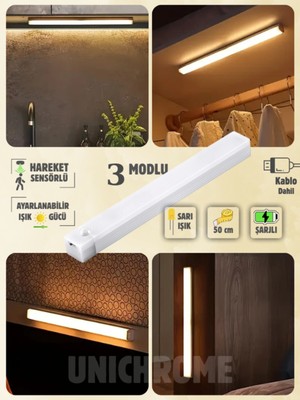 Empressco Hareket Sensörlü 50CM Tüp Ledli Şarjlı Sarı Işık, Dolap, Koridor, Tezgah Altı