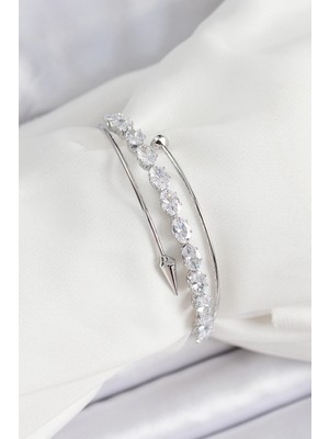 Eco Port Pirinç Gümüş Renk Arpa Zirkon Taşlı Kadın Bileklik