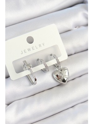 Eco Port Pirinç Zirkon Taşlı Kalp Model Gümüş Renk 3'lü Çift Kadın Küpe Set