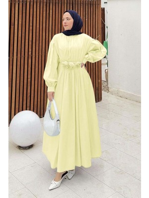Lamelif Pileli Poplin Elbise Sarı