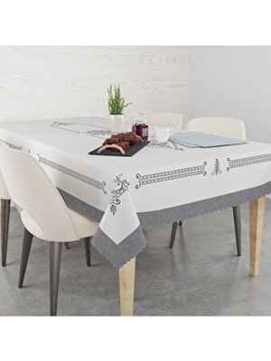 Nakış Efektli Gri Lale Desenli Baskılı Masa Örtüsü