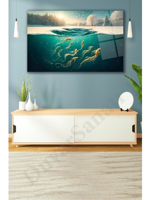 Marsilyan Soyut Gold Balıklar Cam Tablo, Modern Ev Ofis Salon Duvar Dekoru, Hediyelik Tablo Dekor