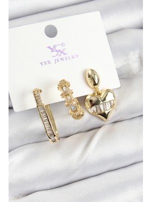 Eco Port Pirinç Zirkon Taşlı Kalp Model Gold Renk 3'lü Kadın Küpe