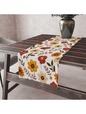 Alkan Homes Punch Nakış Işlemeli Çiçek Desen Premium Tay Tüyü Kumaş Dijital Baskılı Masa Örtüsü Runner 45×100 cm